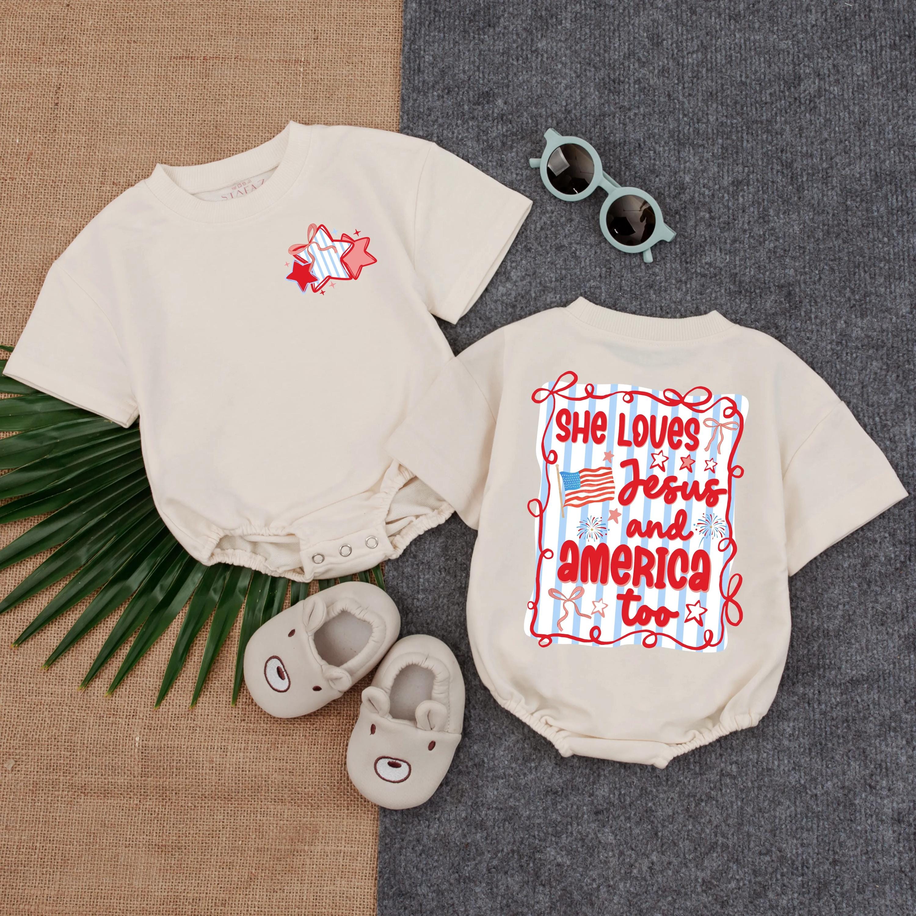 She Loves Jesus and America Too Romper Patriotic Baby Girl Outfit USA Christian Summer Clothes Short Sleeve Infant Birthday Gift