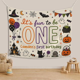 It's Fun to Be One Halloween Silk Banner with Custom Name, First Birthday Party Backdrop, Pumpkin Ghost Decorations for Kids