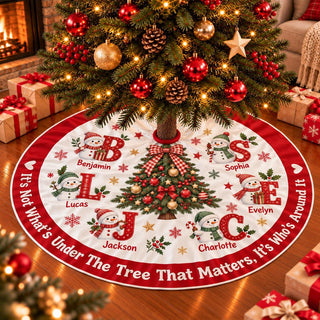 'It's Not What's Under The Tree' Christmas Tree Skirt with Snowman Design, Personalized Names, Rustic Holiday Decor for Families