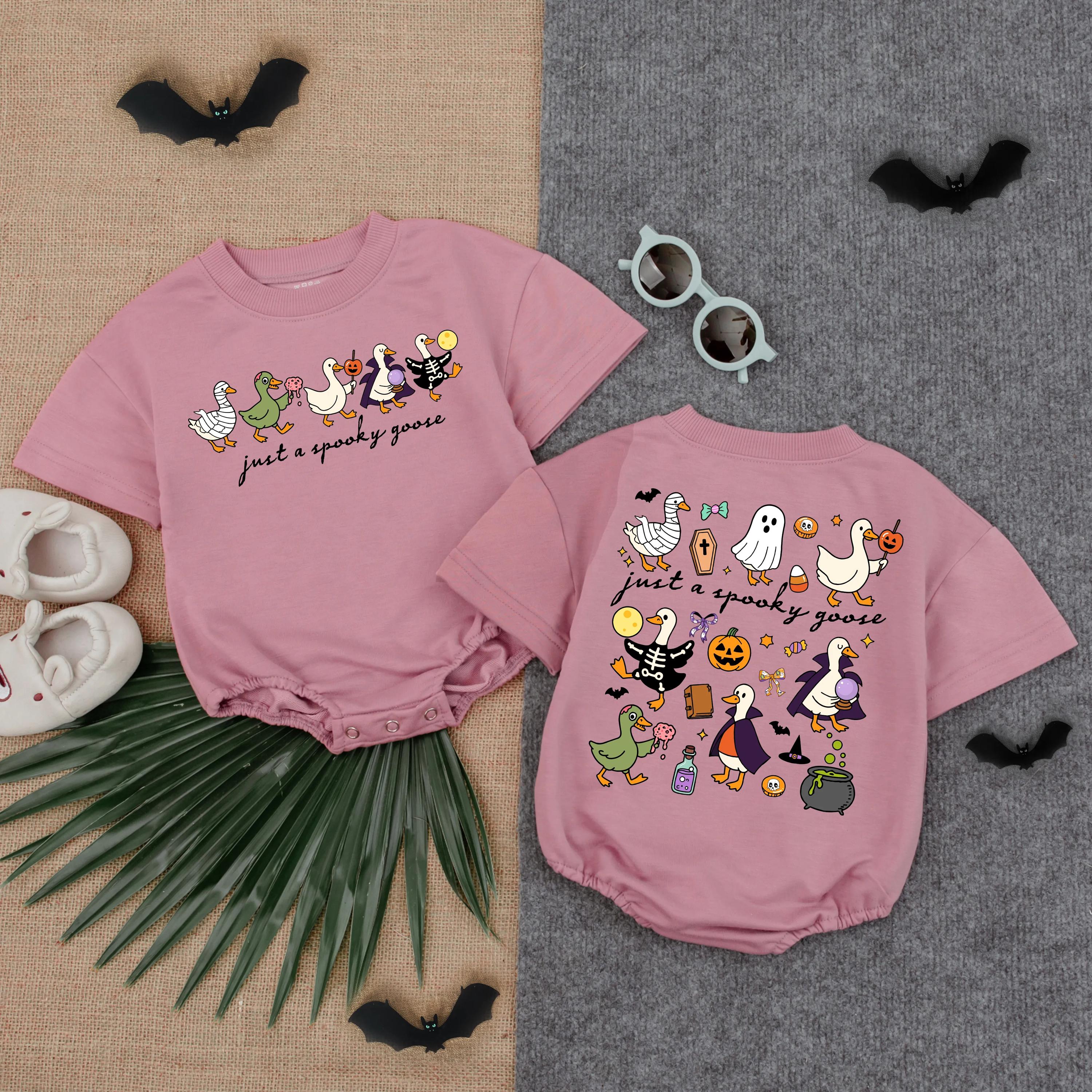 Just A Spooky Goose Baby Romper with Halloween Cartoon Geese Outfit for Fall Infants Fun Costume Bodysuit Holiday Toddler Gift