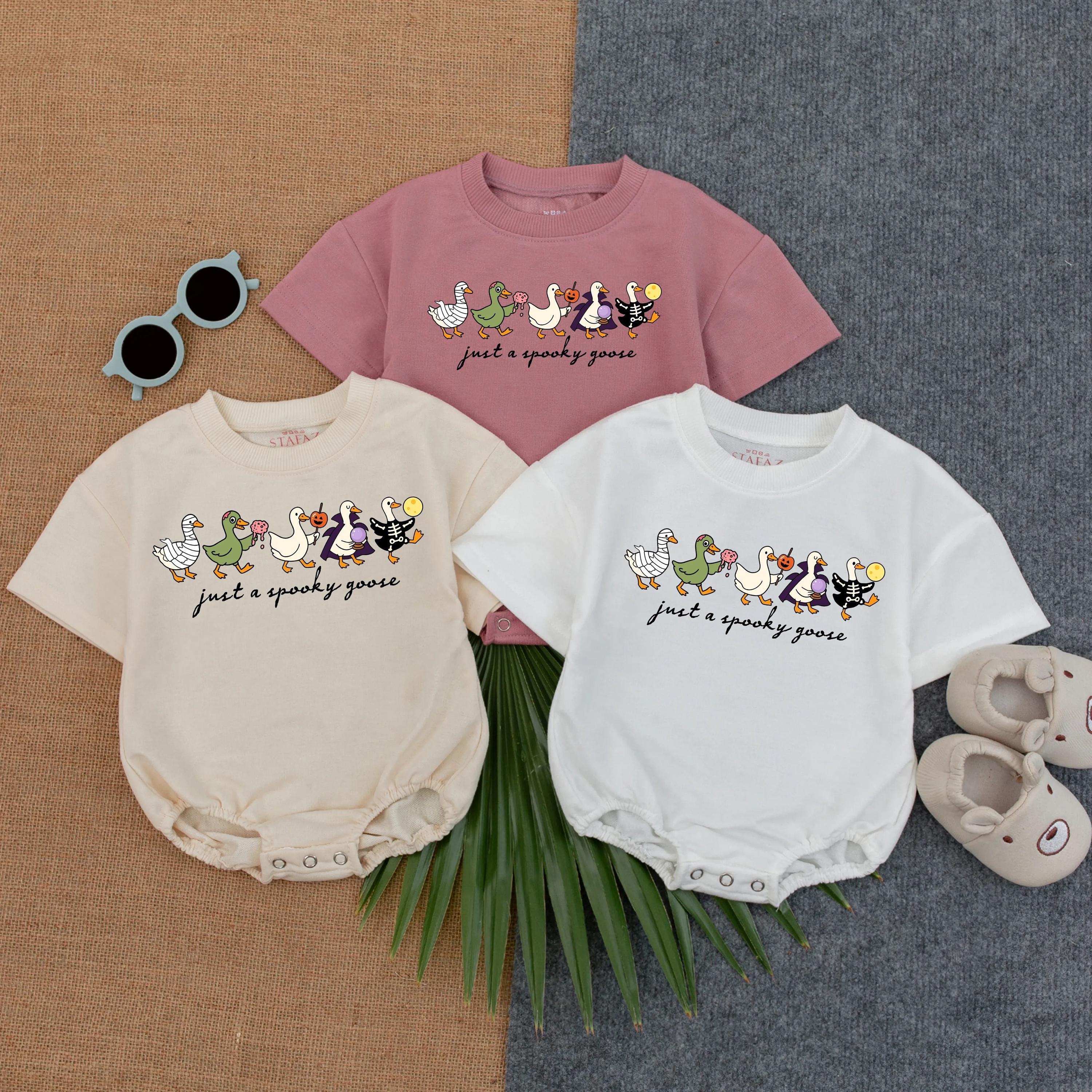 Just A Spooky Goose Baby Romper with Halloween Cartoon Geese Outfit for Fall Infants Fun Costume Bodysuit Holiday Toddler Gift