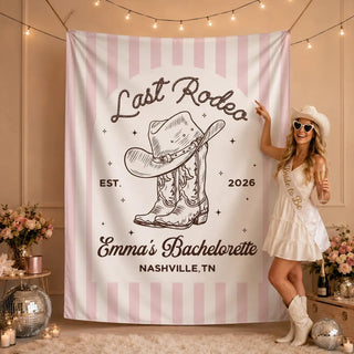 Last Rodeo Bachelorette Silk Banner with Cowgirl Hat and Boots Artwork, Custom Name and Date, Western Nashville Party Backdrop Decor