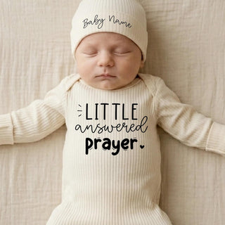 "Little Answered Prayer" Baby Bodysuit and Hat Set with Custom Name, Newborn Baptism Outfit, Christian Baby Girl Gift