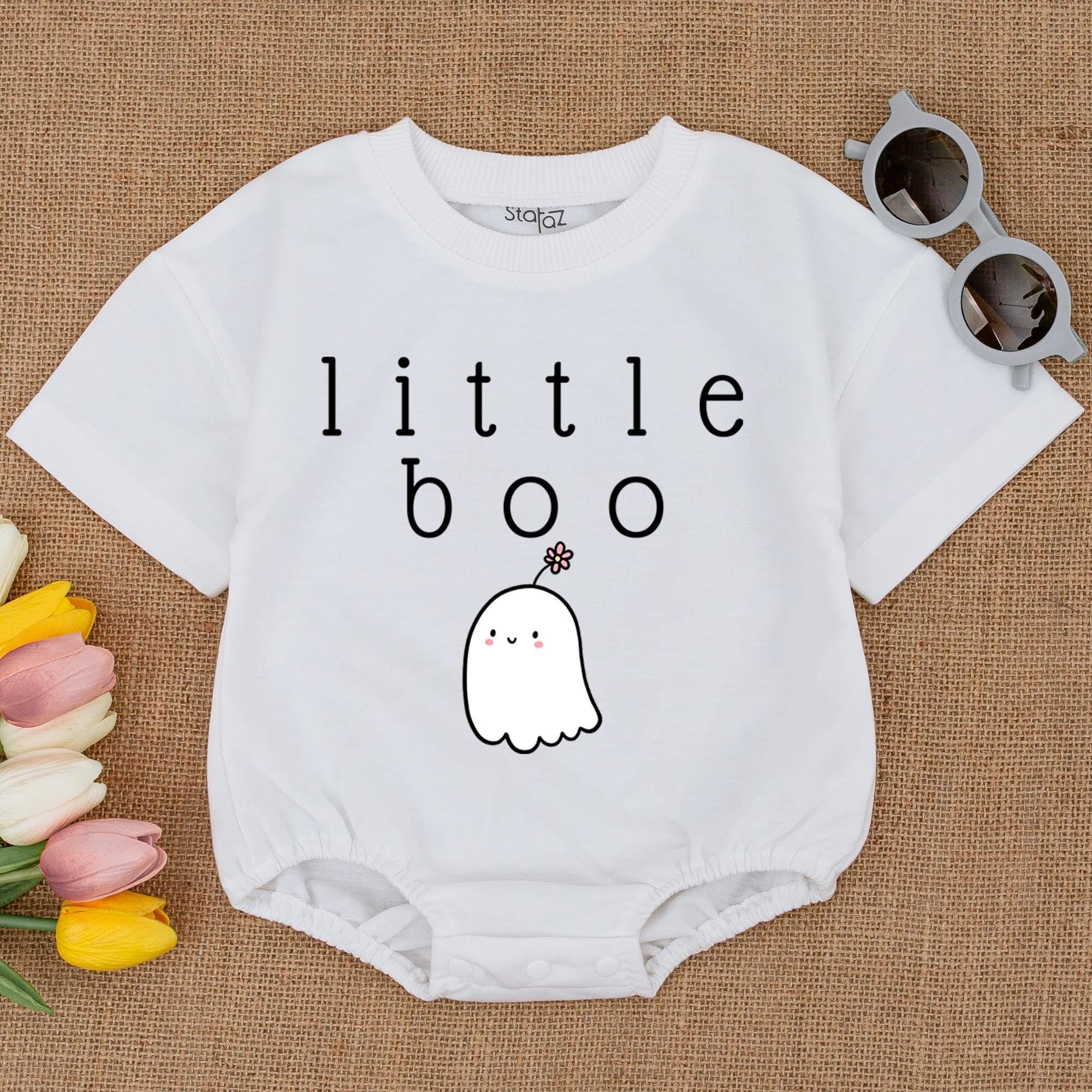 Little Boo Baby Romper with Cute Ghost and Flower Design Halloween Outfit Soft Cotton Toddler Infant Fall Clothes Newborn Bodysuit
