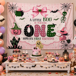 A Little Boo Is Turning One Halloween Silk Banner with Pink Artwork and Custom Name, First Birthday Party Backdrop Decoration