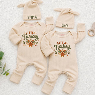 Little Turkey Baby Bodysuit and Hat Set with Custom Name, Thanksgiving Twin Outfit, Fall Coming Home Matching Family Clothes