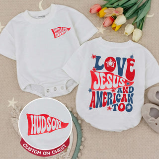 Love Jesus and American Too Baby Romper with Custom Name, Patriotic Toddler Boy Outfit for 4th of July Celebrations