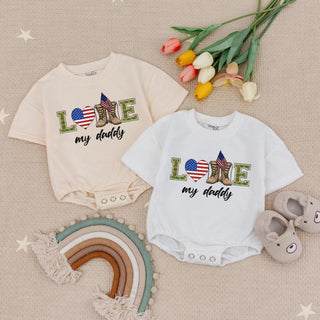 Love My Daddy Baby Romper with Camouflage and American Flag Heart, Patriotic Military Dad Gift Outfit for Infant Boys and Girls