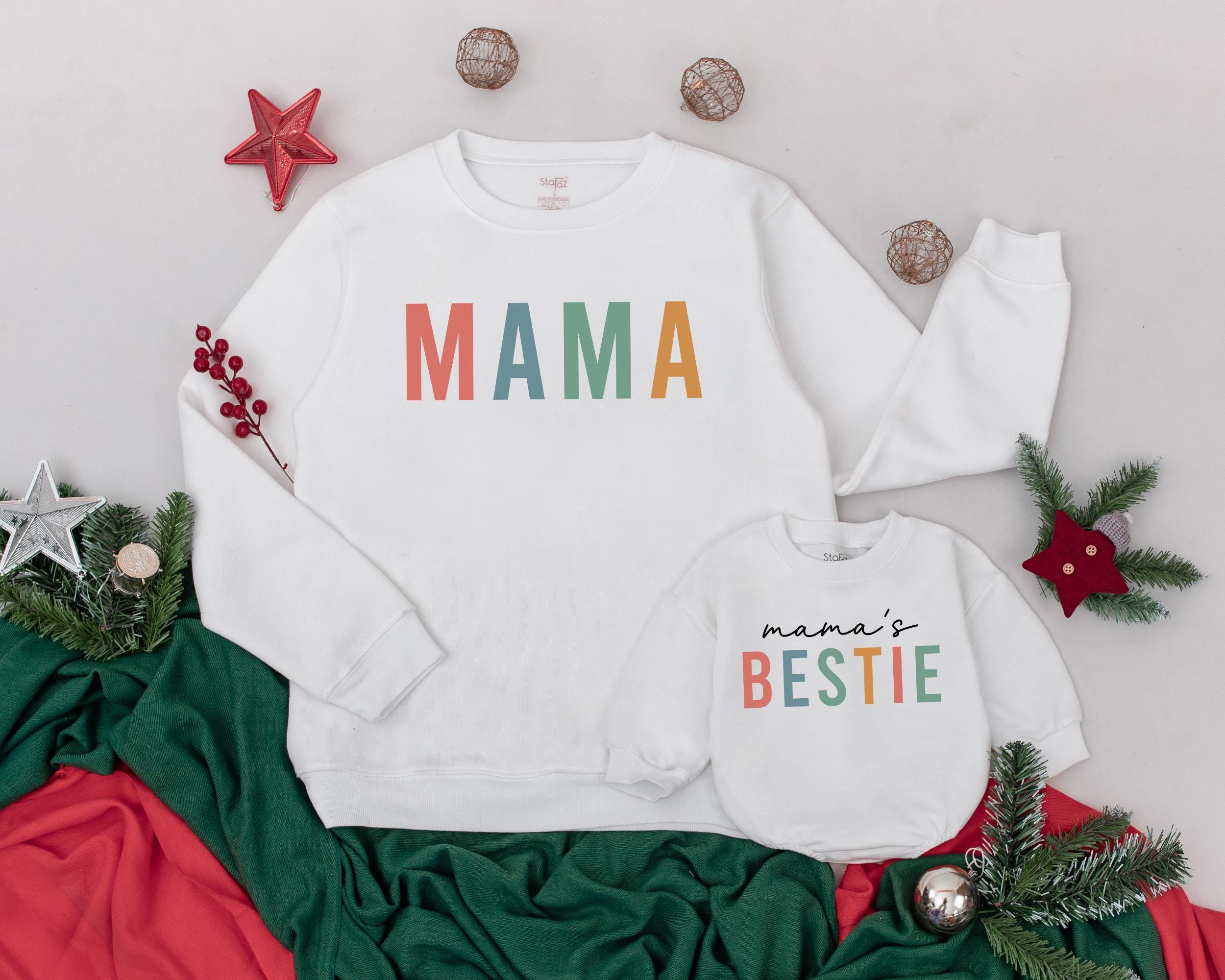Mama and Bestie Colorful Sweatshirts Matching Family Outfit Mom Daughter Gift Vibrant Cotton Design Playful Colors Birthday Holiday