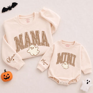 Mama Mini Matching Halloween Sweatshirt and Baby Romper with Ghost Graphic, Retro Gingham Print, Custom Name for Family Outfits