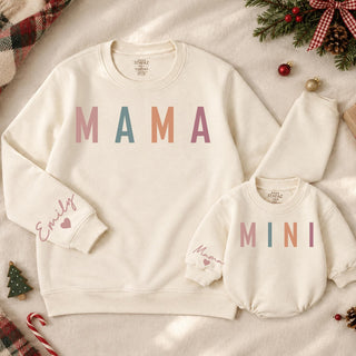 Mama and Mini Matching Sweatshirts with Pastel Text Design, Mommy and Me Christmas Outfits, Custom Name Family Holiday Apparel