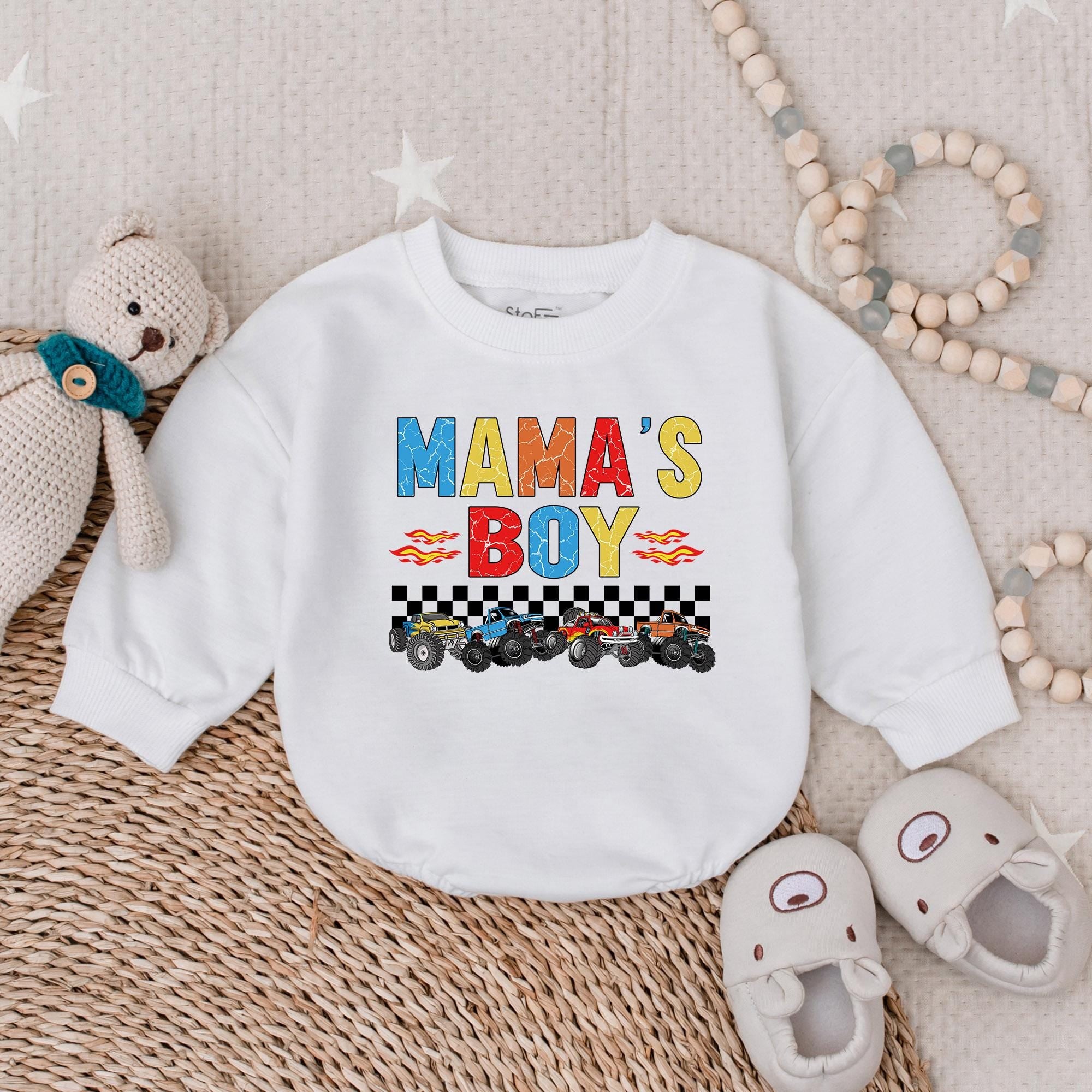 Mama's Boy Colorful Baby Romper Long Sleeve Bodysuit Playful Flames Monster Truck Design Soft Cotton Gift for New Moms and Babies