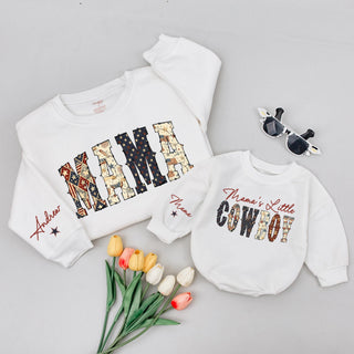 Mama's Little Cowboy Matching Western Shirts, Custom Mama and Mini Sweatshirts with Name, Mommy and Me Outfits for Photoshoots
