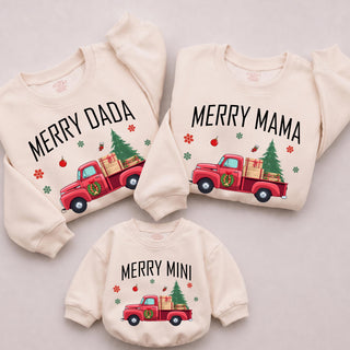 Merry Mama, Dada, Mini Matching Family Christmas Sweatshirts with Vintage Red Truck and Tree Design, Holiday Outfit