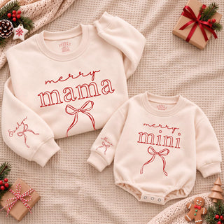 Merry Mama and Mini Matching Christmas Outfits, Personalized Mama Sweatshirt with Kids Names on Sleeve, Baby Christmas Romper,