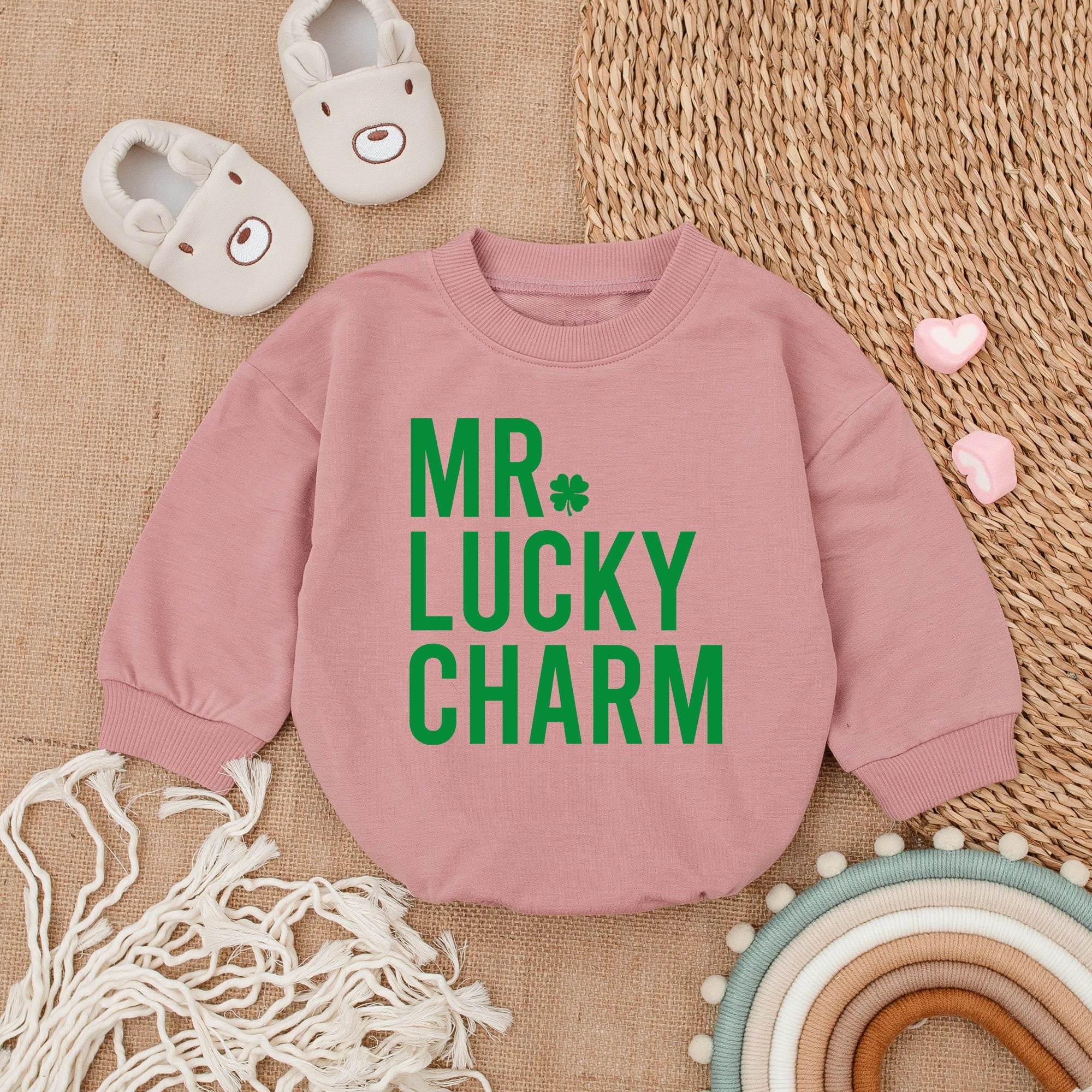 MR Lucky Charm Baby Romper St Patrick's Day Outfit Light Mauve Infant Bodysuit Soft Cotton Festive Shamrock Design Newborn Clothes