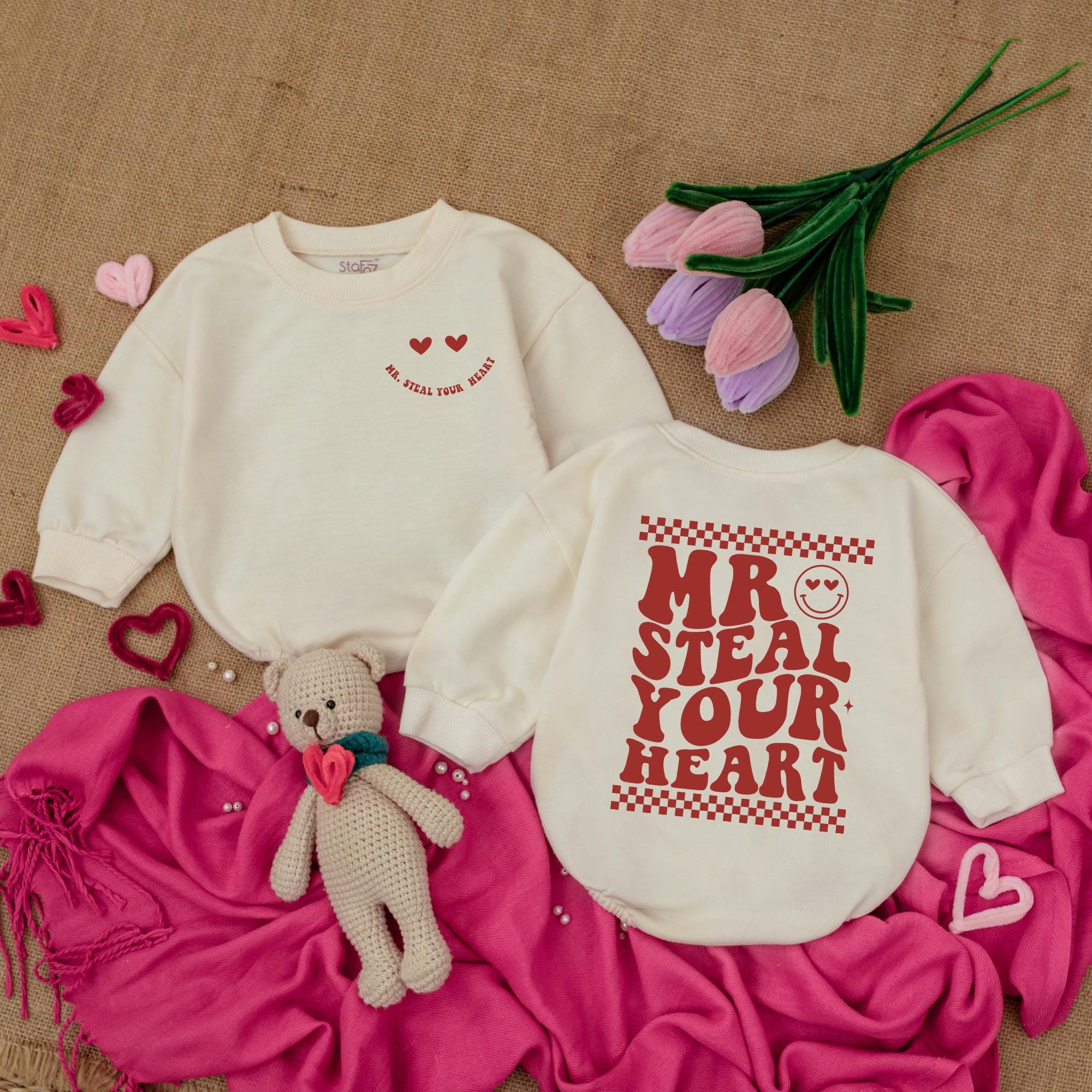 Mr Steal Your Heart Baby Bodysuit with Smiley Face Love Design Newborn Valentine Outfit Soft Cotton Playful Romper for Baby Boys Girls