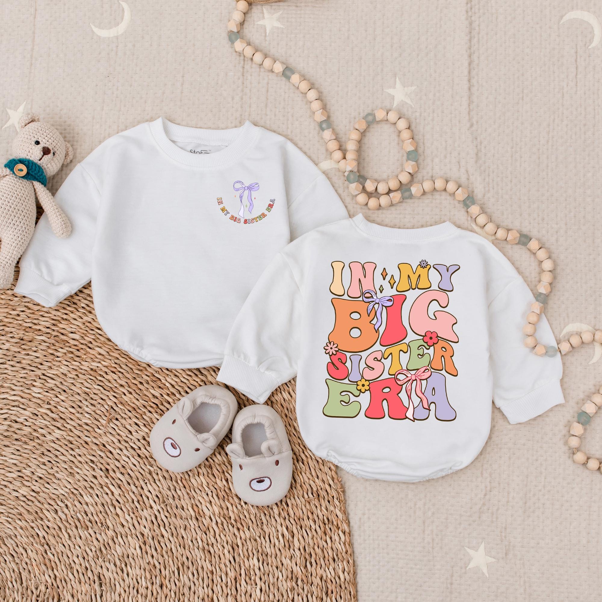 In My Big Sister Era Toddler Romper Playful Floral Design Gift Soft Cotton Birthday Outfit for Girls with Colorful Bow Detailing