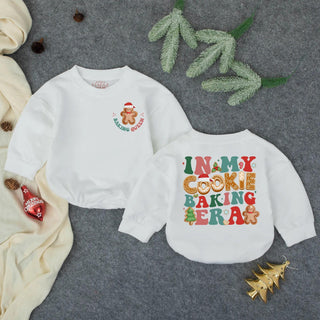 'In My Cookie Baking Era' Baby Romper with Gingerbread Artwork, Holiday Long Sleeve Outfit, Custom Name Winter Pullover