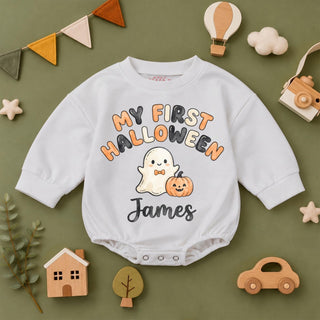 My First Halloween Baby Romper with Ghost & Pumpkin Design, Custom Name, Long Sleeve Newborn Outfit for Fall Photos & Pumpkin Patch