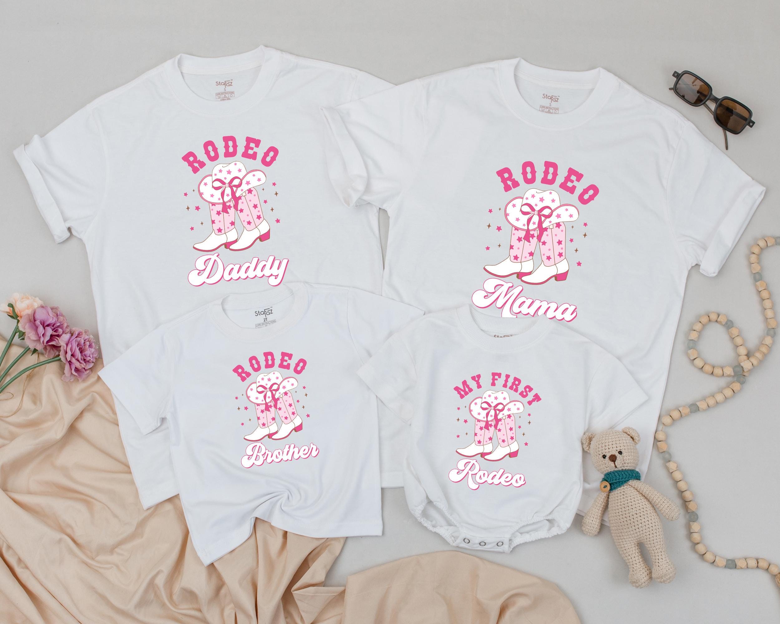 My First Rodeo Matching Family Shirt Personalized Western Baby Outfit Pink Cowboy Boots Birthday Party T-shirt Cotton Comfortable