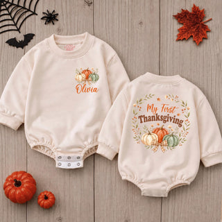 My First Thanksgiving Baby Romper with Pumpkin Artwork and Custom Name, Fall Newborn Outfit for Holiday Photos and Gifting