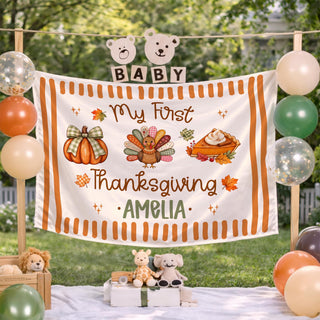 My First Thanksgiving Silk Banner with Pumpkin and Turkey Artwork, Personalized Baby Name Decor for Fall Celebrations