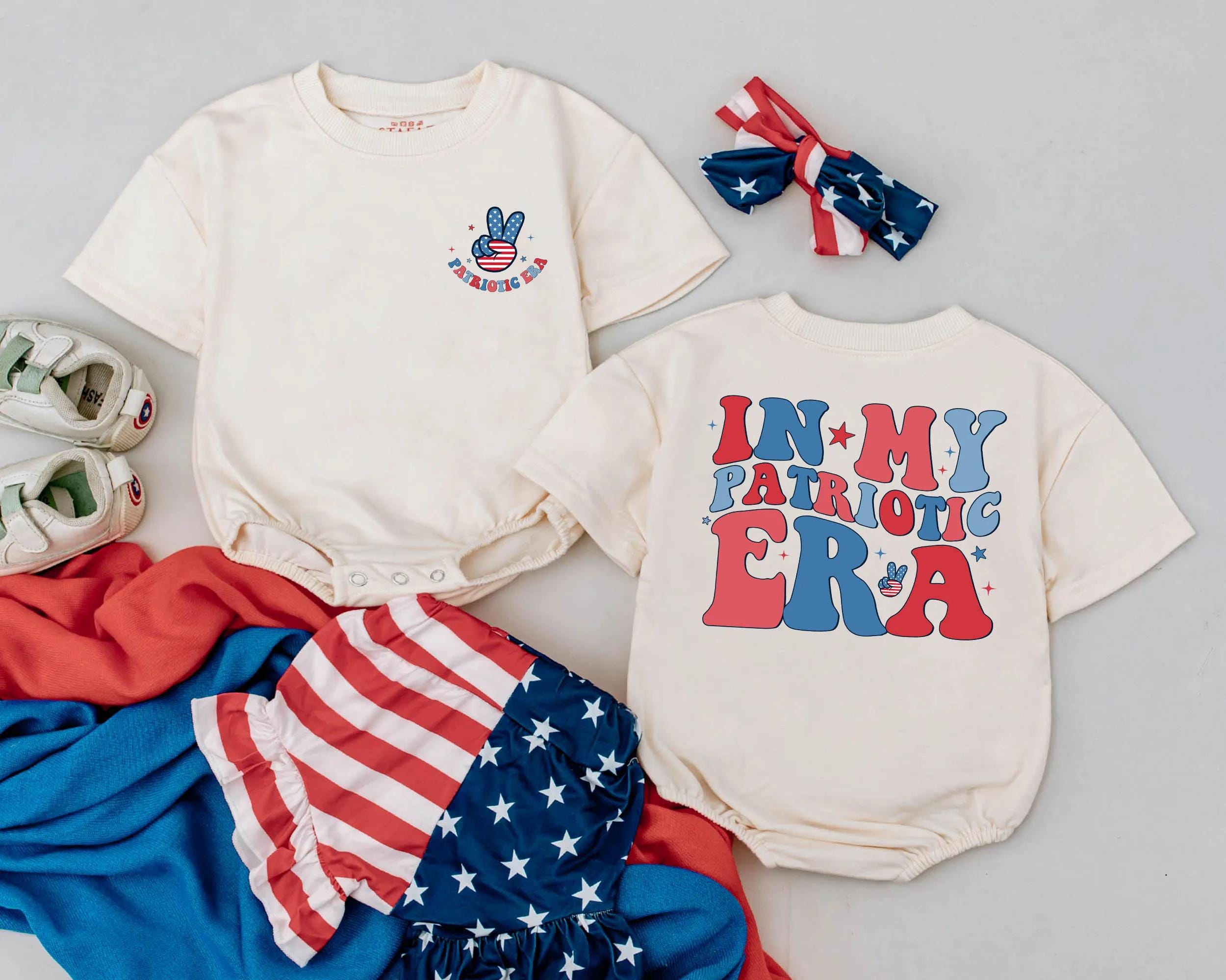 In My Patriotic Era Retro Baby Romper 4th of July Outfit with Peace Sign USA Bubble Romper for Boys and Girls Independence Day Look