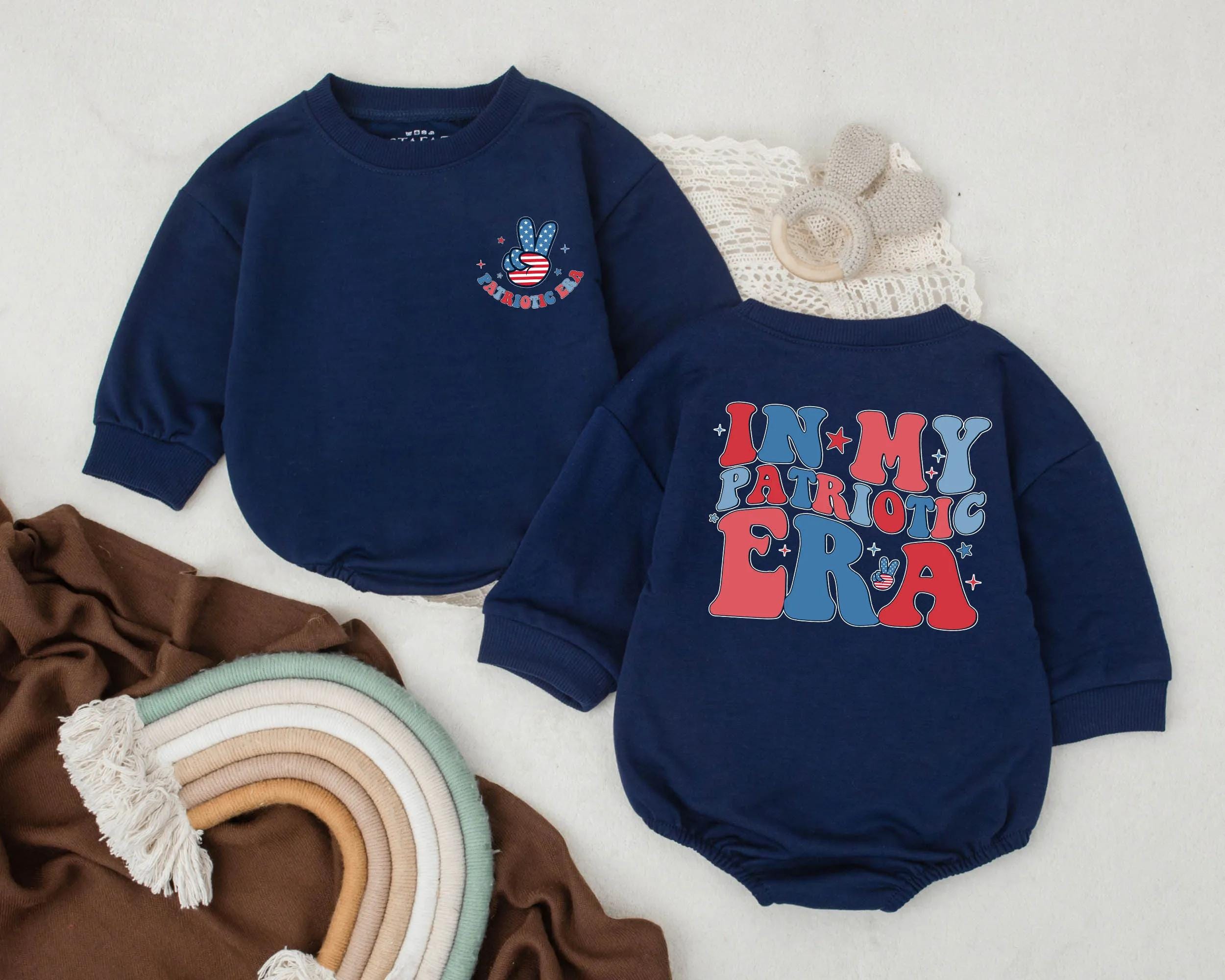 In My Patriotic Era Retro Baby Romper 4th of July Outfit with Peace Sign USA Bubble Romper for Boys and Girls Independence Day Look