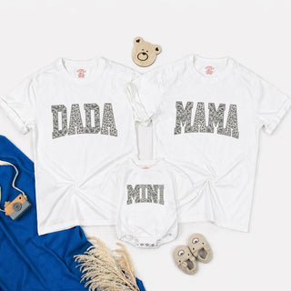 Neutral Leopard Print Dada Mama Mini Matching Shirts, Family Outfit Set with Custom Names, Parent Baby Gift for New Moms & Dads
