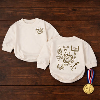 Noah's First Down Football Baby Romper with Custom Name, Sports-Themed Birthday Outfit for Toddlers, Personalized Milestone Gift