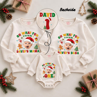 Oh What Fun It Is to Be One Christmas Shirts with Santa Hat Artwork, Matching Family 1st Birthday Outfit, Custom Name Sweatshirts
