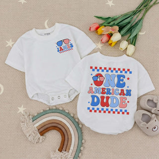 One American Dude Baby Romper with Red, White & Blue Graphic, Personalized 1st Birthday Outfit for Boys, 4th of July Theme
