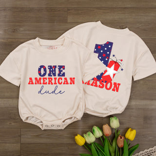 One American Dude Baby Romper with Stars & Stripes Design, 4th of July Birthday Outfit with Custom Name, Patriotic Toddler Gift