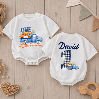 One Little Pumpkin Baby Romper with Blue Truck Graphic, Personalized Name and Number, 1st Birthday Fall Outfit for Boys