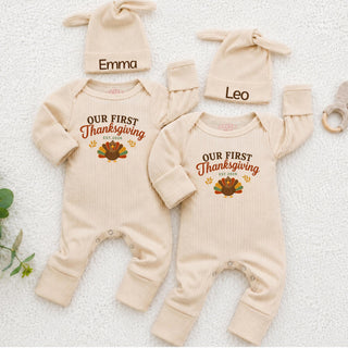 Our First Thanksgiving Baby Bodysuit and Hat Set with Turkey Graphic, Custom Name Option, Fall Twin Coming Home Outfit