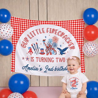 Our Little Firecracker 2nd Birthday Silk Banner with Custom Name, Patriotic July Party Decor for Kids' Milestone Celebration