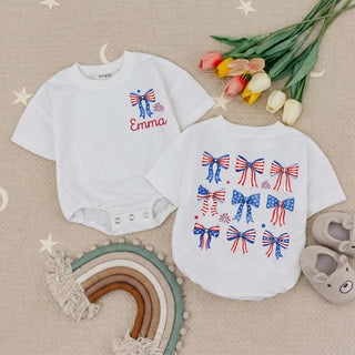 Patriotic Baby Girl Romper with Red, White & Blue Bow Design and Custom Name, 4th of July Outfit for Newborns and Infants