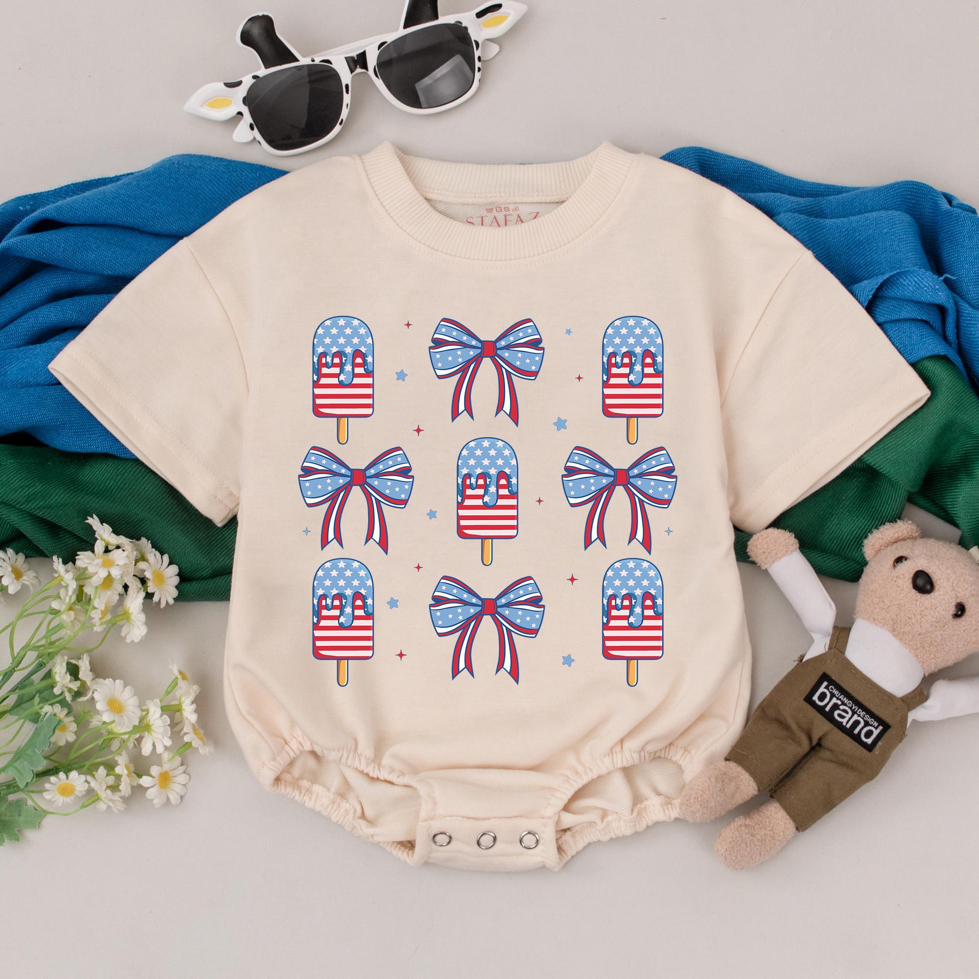 Patriotic Popsicle Bow Baby Romper for 4th of July Fun USA Girl Outfit Red White Blue Summer Gift