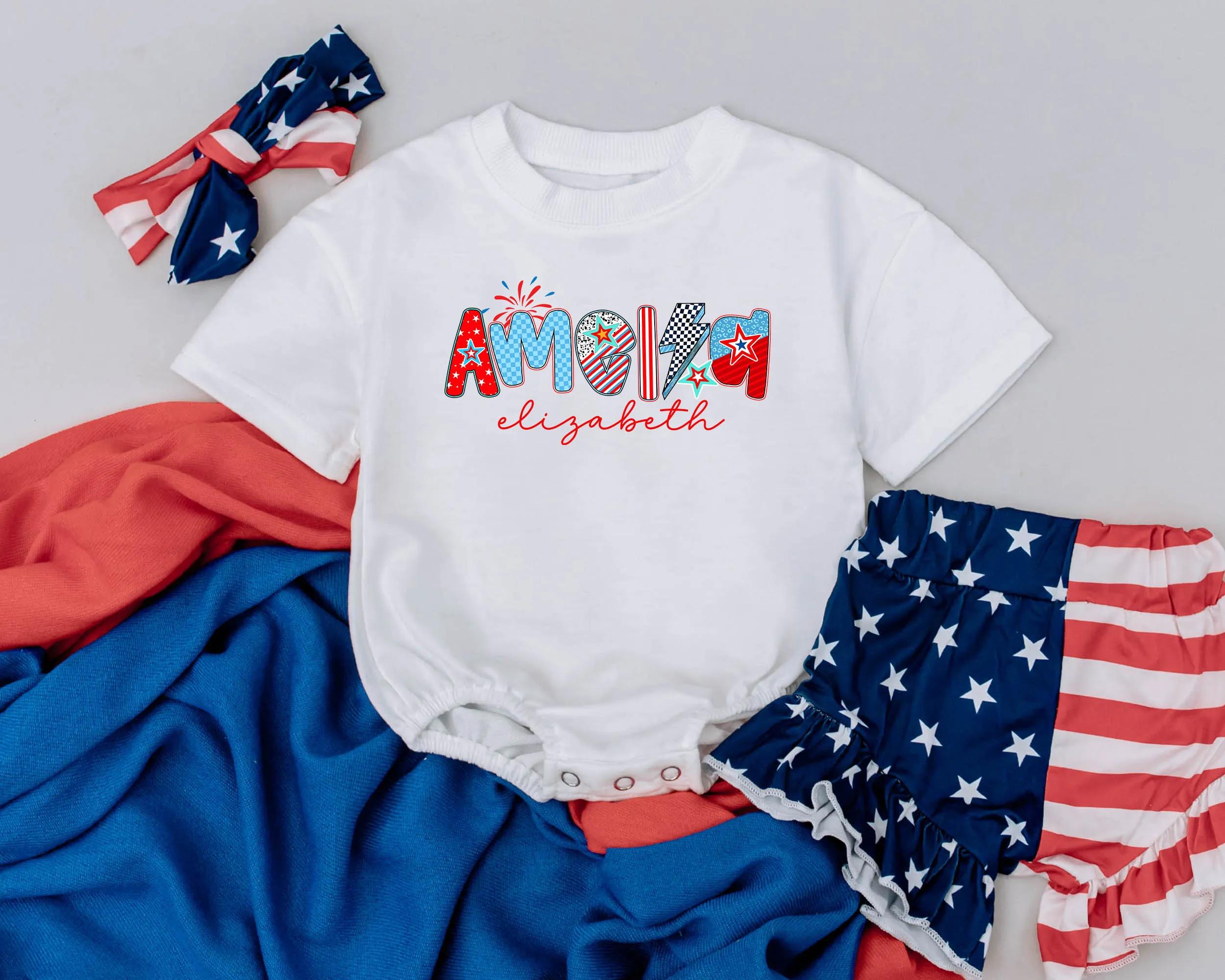 Personalized 4th of July America Romper for Baby Girl Patriotic Red White Blue Outfit Custom Name Infant Clothes Holiday Gift