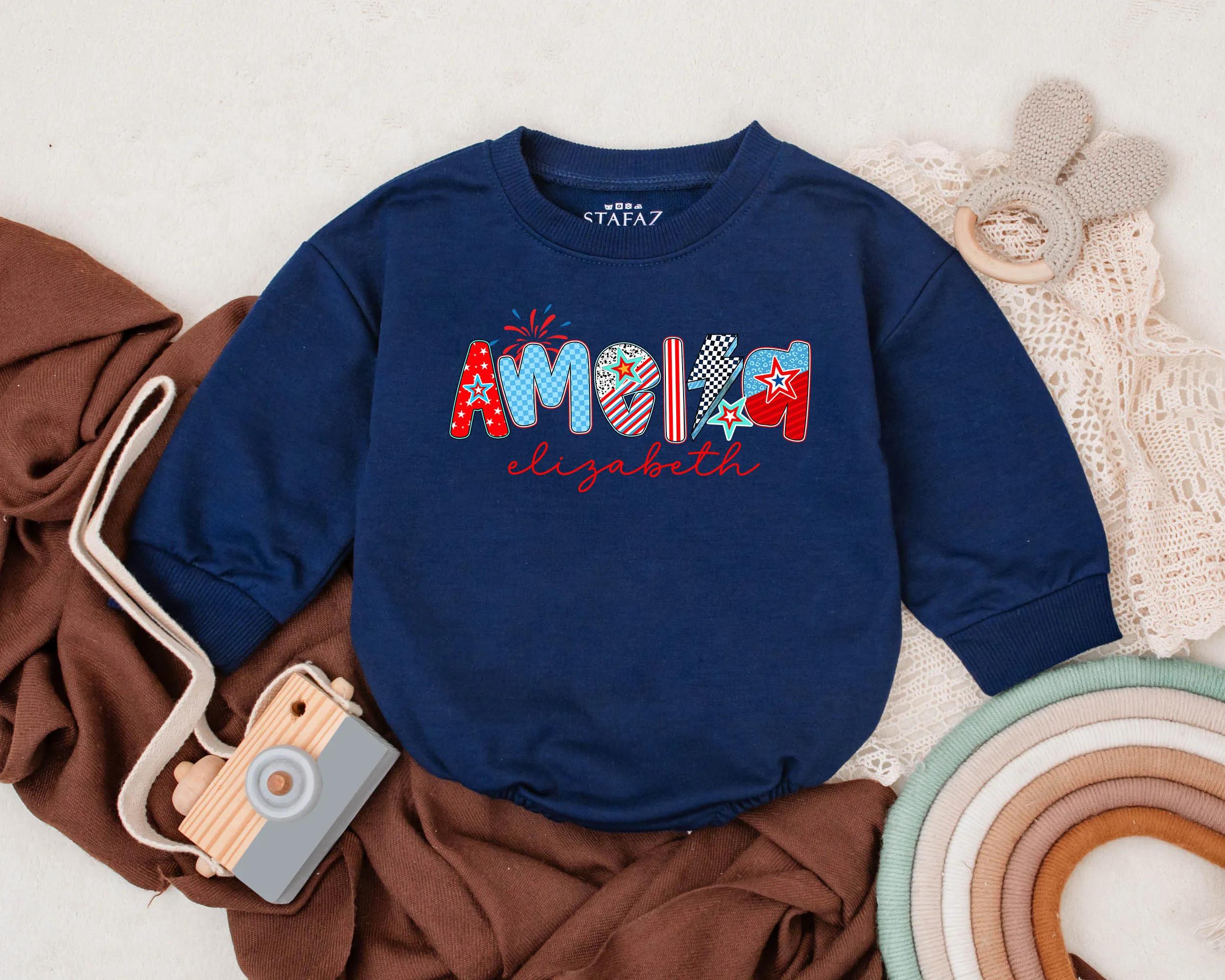 Personalized 4th of July America Romper for Baby Girl Patriotic Red White Blue Outfit Custom Name Infant Clothes Holiday Gift