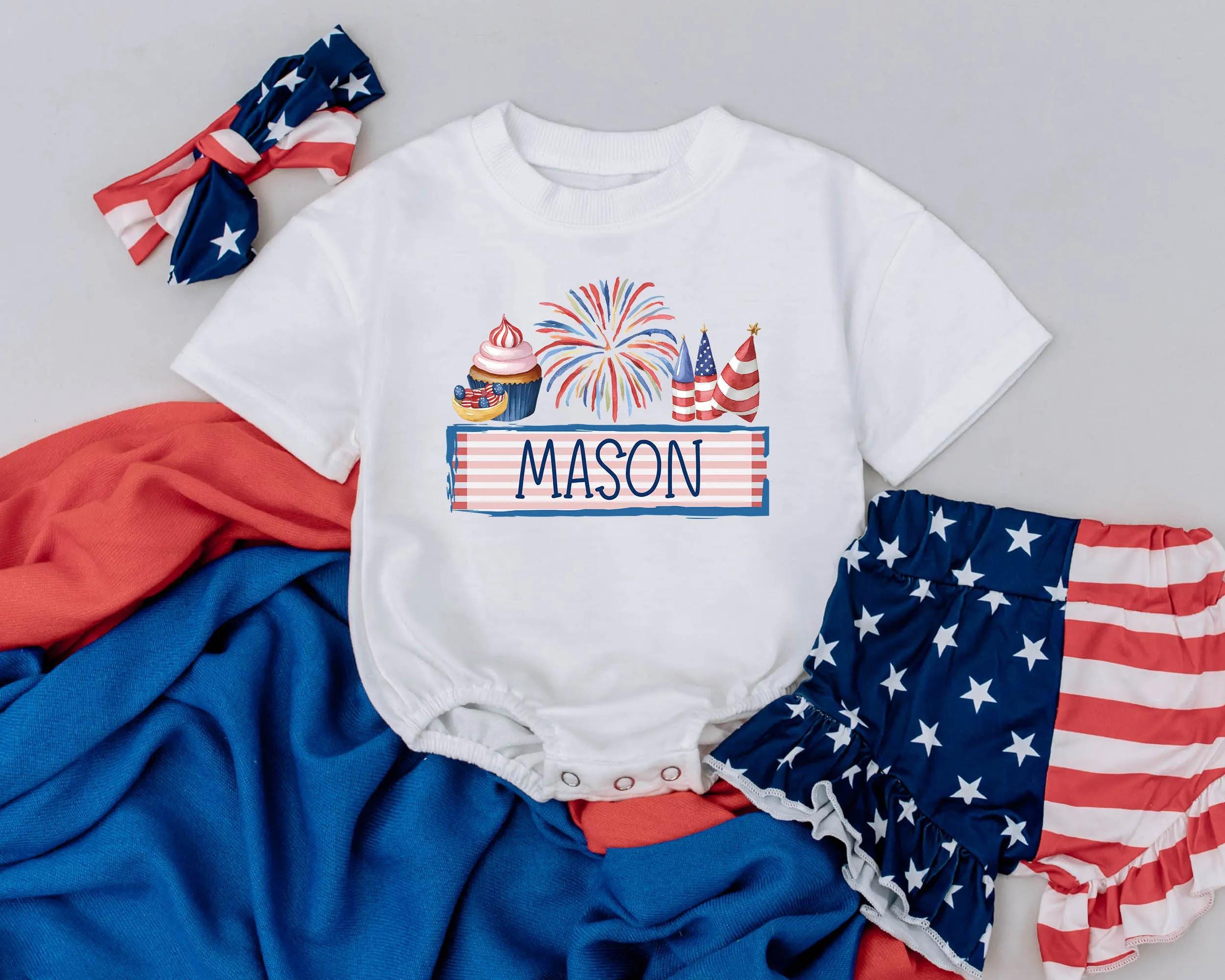 Personalized 4th of July Baby Romper Fireworks Design Custom Name USA Toddler Outfit Boys Girls Patriotic Independence Day Gift