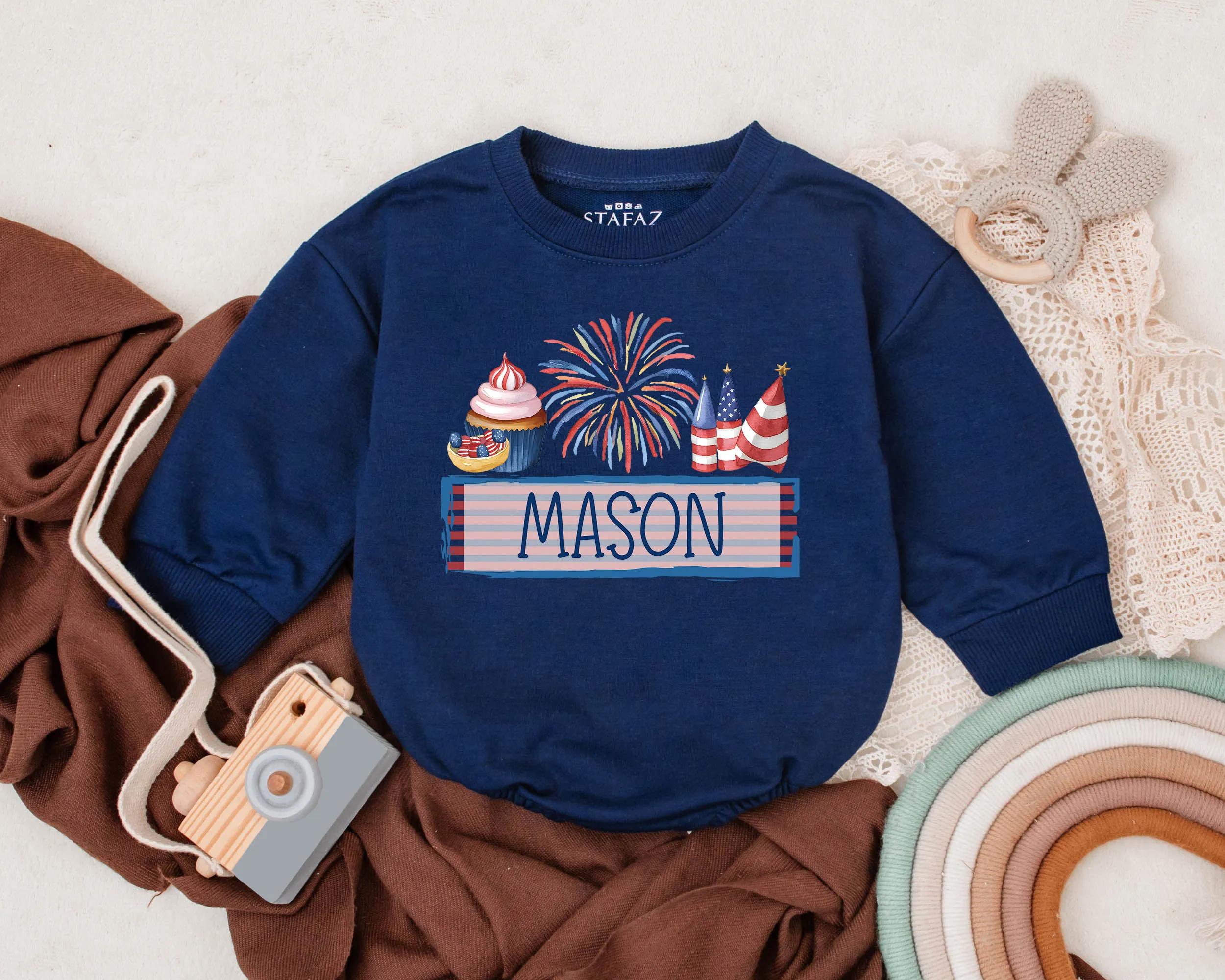 Personalized 4th of July Baby Romper Fireworks Design Custom Name USA Toddler Outfit Boys Girls Patriotic Independence Day Gift
