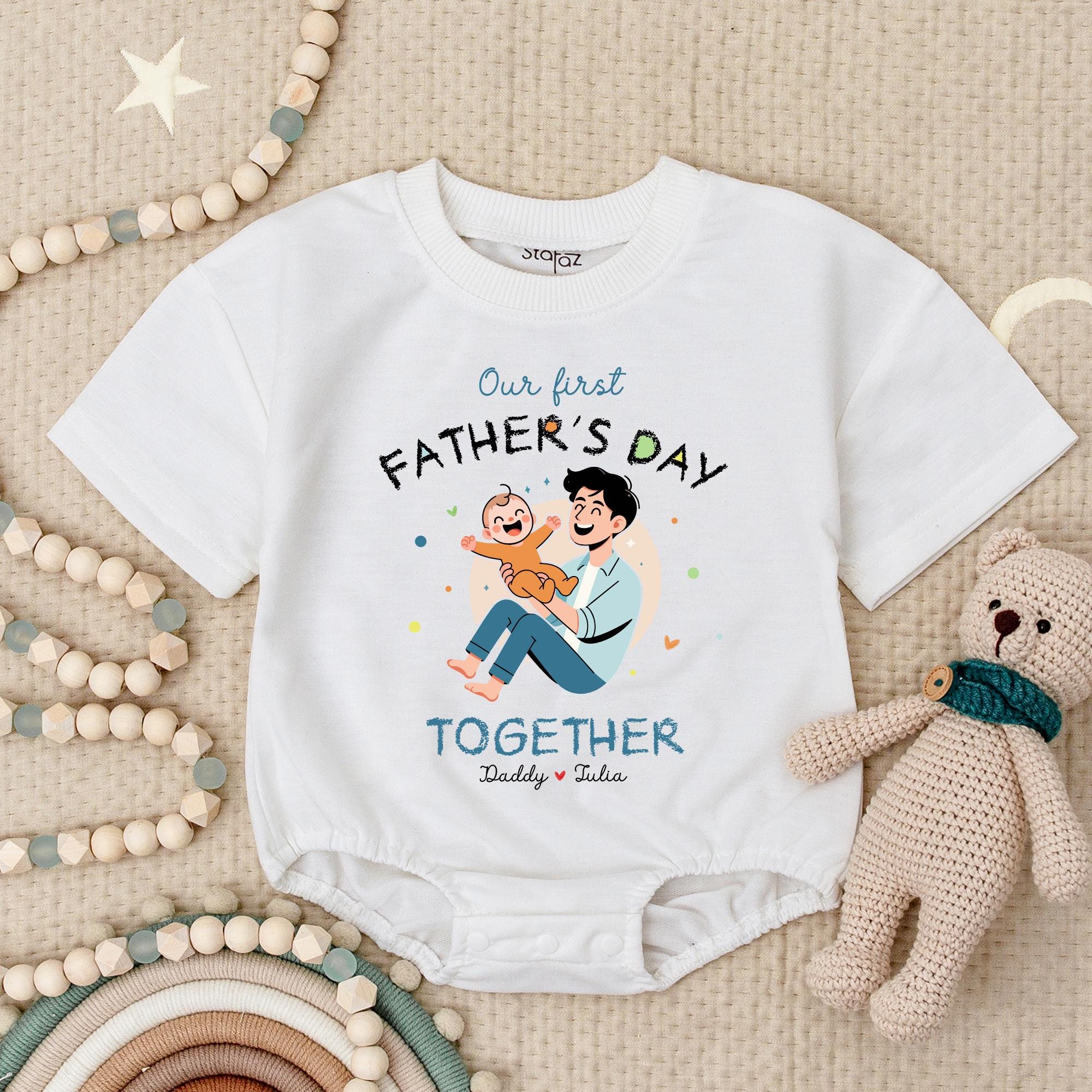 Personalized Baby Our First Father's Day Together Bodysuit Soft Blue Yellow Cotton Custom Names Gift for New Dad Celebration