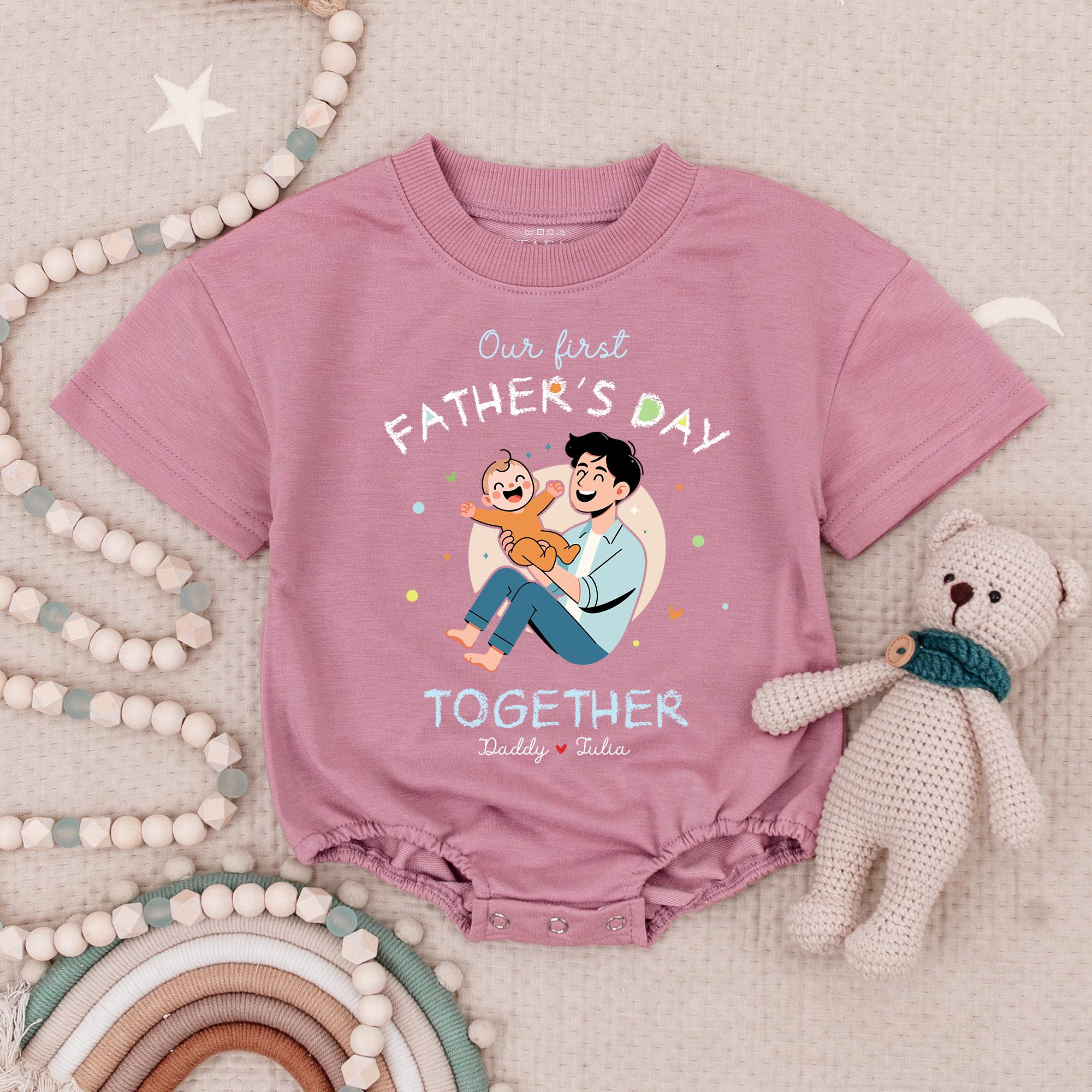 Personalized Baby Our First Father's Day Together Bodysuit Soft Blue Yellow Cotton Custom Names Gift for New Dad Celebration