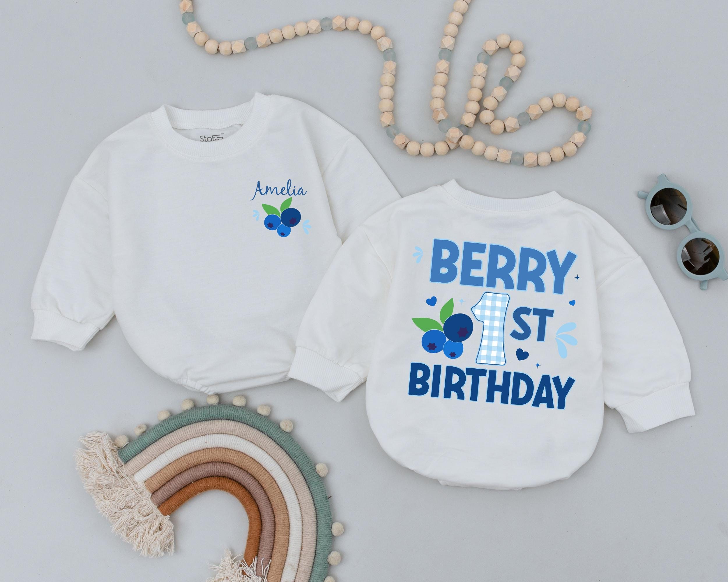 Personalized Berry 1st Birthday Romper with Blueberry Design for Baby Girl Soft Cotton Outfit First Birthday Party Gift