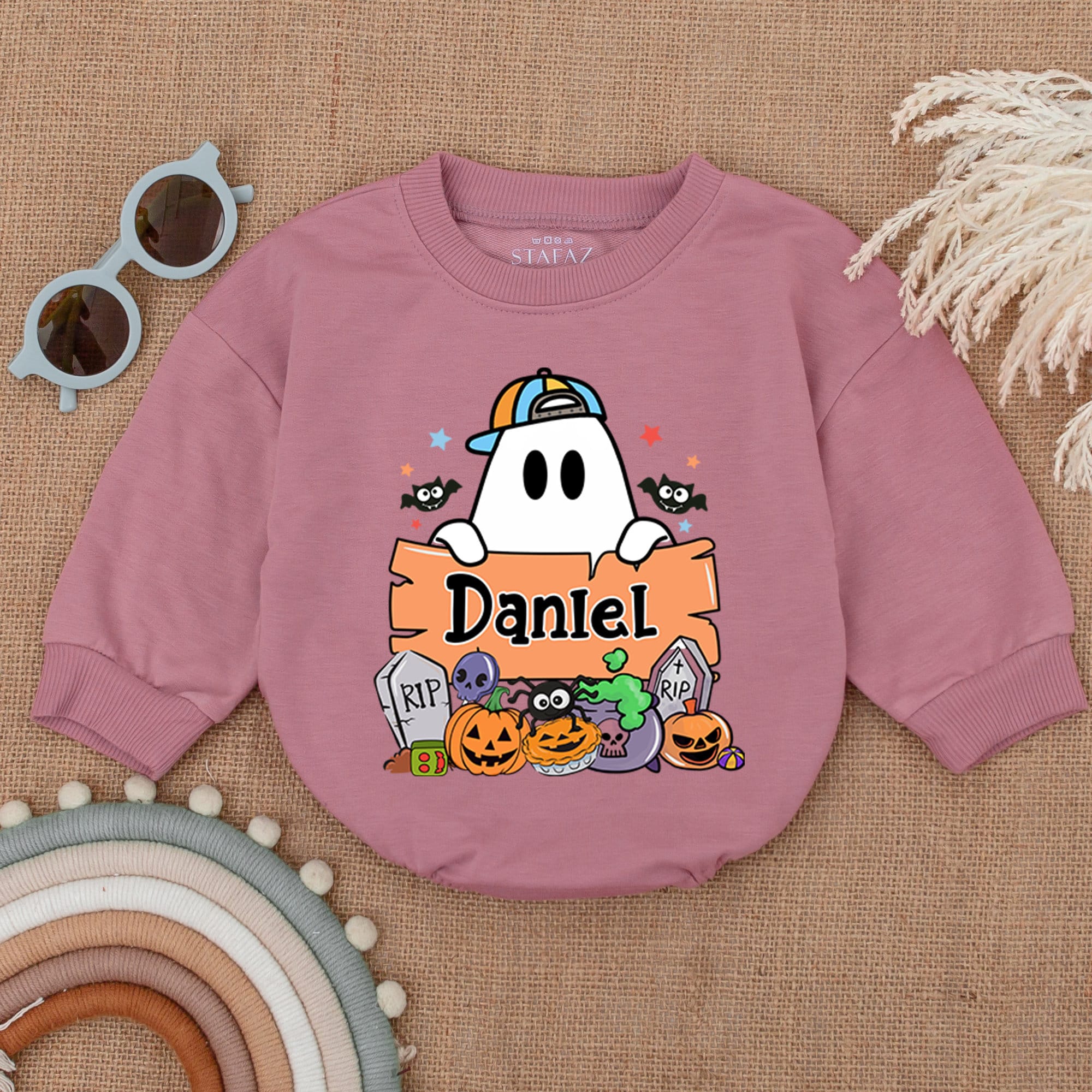 Personalized Boo Halloween Baby Romper with Cartoon Ghost My First Halloween Outfit Pumpkin Bodysuit Gift for Baby Boy Costume