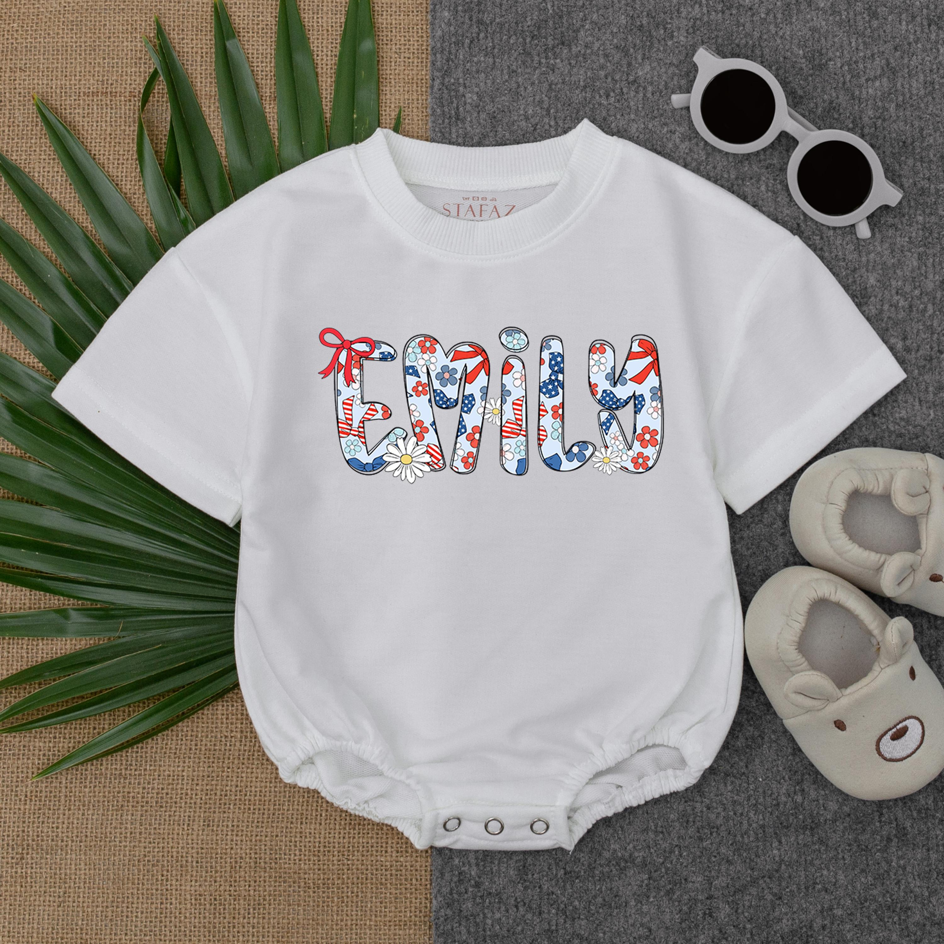 Personalized Emily Baby Romper 4th of July Outfit Patriotic Independence Day Dress Red White Blue Stars Stripes Candy Canes Name Girls