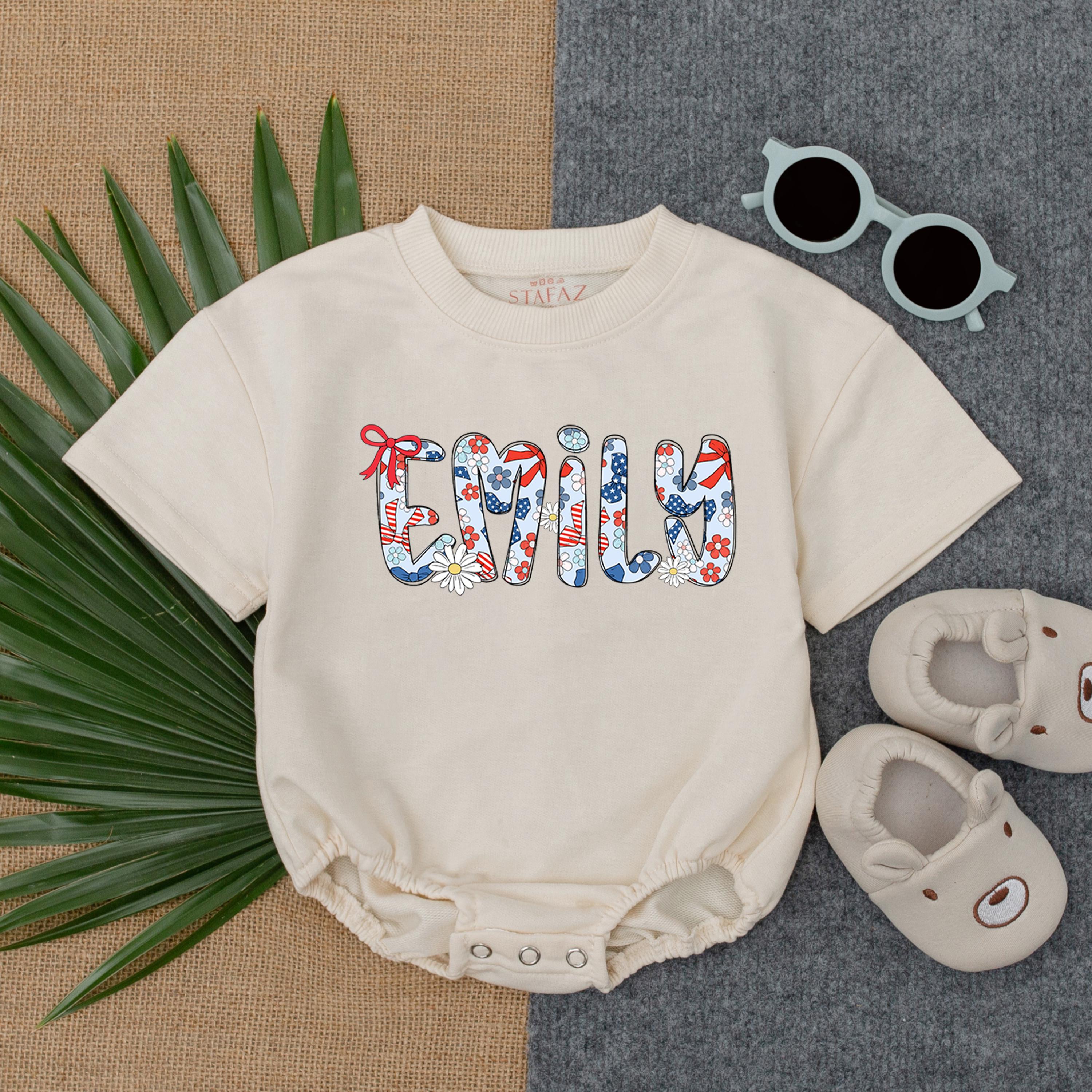 Personalized Emily Baby Romper 4th of July Outfit Patriotic Independence Day Dress Red White Blue Stars Stripes Candy Canes Name Girls