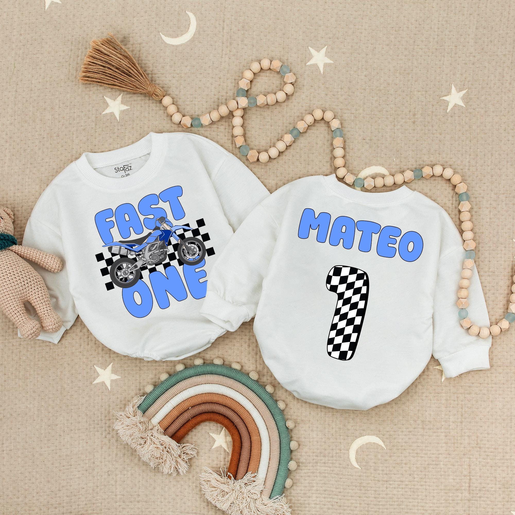 Personalized Fast One Motocross Baby Romper Blue Bike Racing Birthday Outfit Boy's First Celebration Soft Cotton Name Mateo